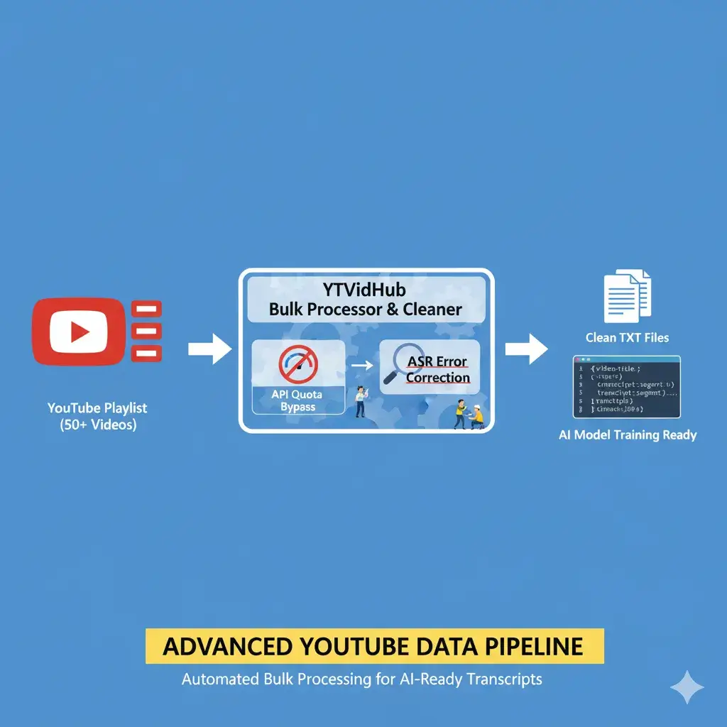 Workflow diagram illustrating advanced YouTube data preparation from a Playlist to structured output.